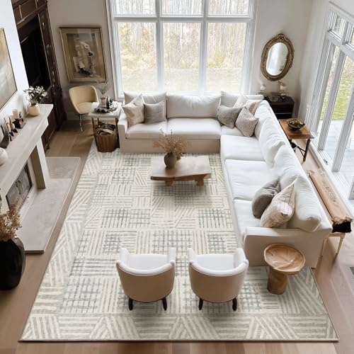Image of Area Rug 9x12 Abstract Geometric Textured Brushstroke - Neutral Gray & Light Blue Modern Minimalist Area Rug, Decorative Carpet for Living Room Bedroom Home Decor