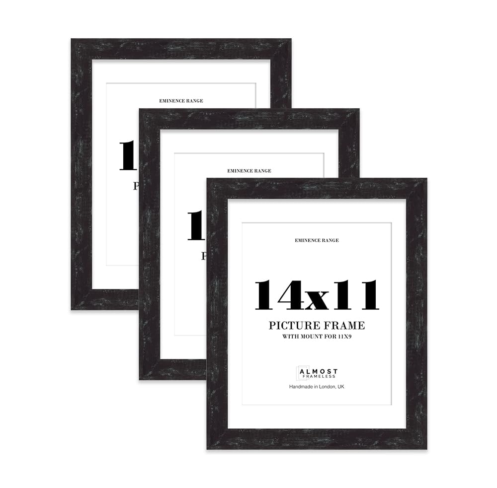 14x11" Distressed Black Picture Frame with 11x9" Mount - Aged Photo Frame with Distressed Finish, Wall Hooks and Kickstand, 32mm Edge - 3 Pack