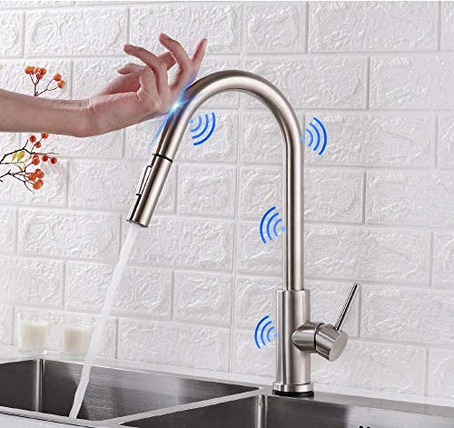 Touch Kitchen Faucet - Smart Touch Sensor Faucet with Pull Down Sprayer, Single Handle, Healthy Food-Grade Stainless Steel, Hot Cold Control, Brushed Nickel Smart Bar Faucet with 2 Water Flow Modes