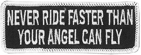 Officially Licensed Originals Never Ride Faster Than Your Angel Can Fly, Iron-On/Saw-On, Heat Sealed Backing Rayon Patch - 4" x 2"