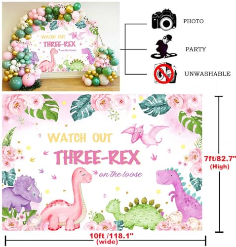 Fondo fotográfico Dinosaurio para cumpleaños de 3 años rosa 10x7ft miniatura 5