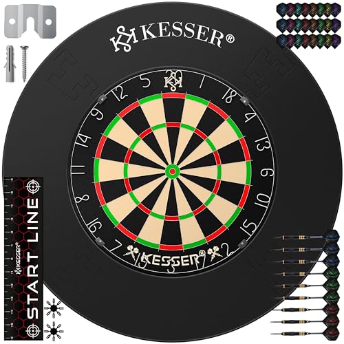 KESSER® Dartscheibe Kork mit 9 Dartpfeile Professional Dartboard 21 Pro Flights Steeldart Offizielle Dartscheibe 9 Pfeilen Metallspitze Profi Steeldartscheibe + Dartscheibenring & Montageset Schutz