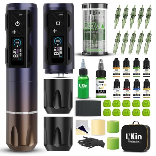 INKin Kit Tatuaje Completo, Maquina de Tatuar Kit Completo Inalámbrico Profesional con Batería 2 Piezas de 1800 mAh Fuente de Alimentación y Revo Agujas Tatuaje, Tinta Tatuaje para Tatuadores- CL4