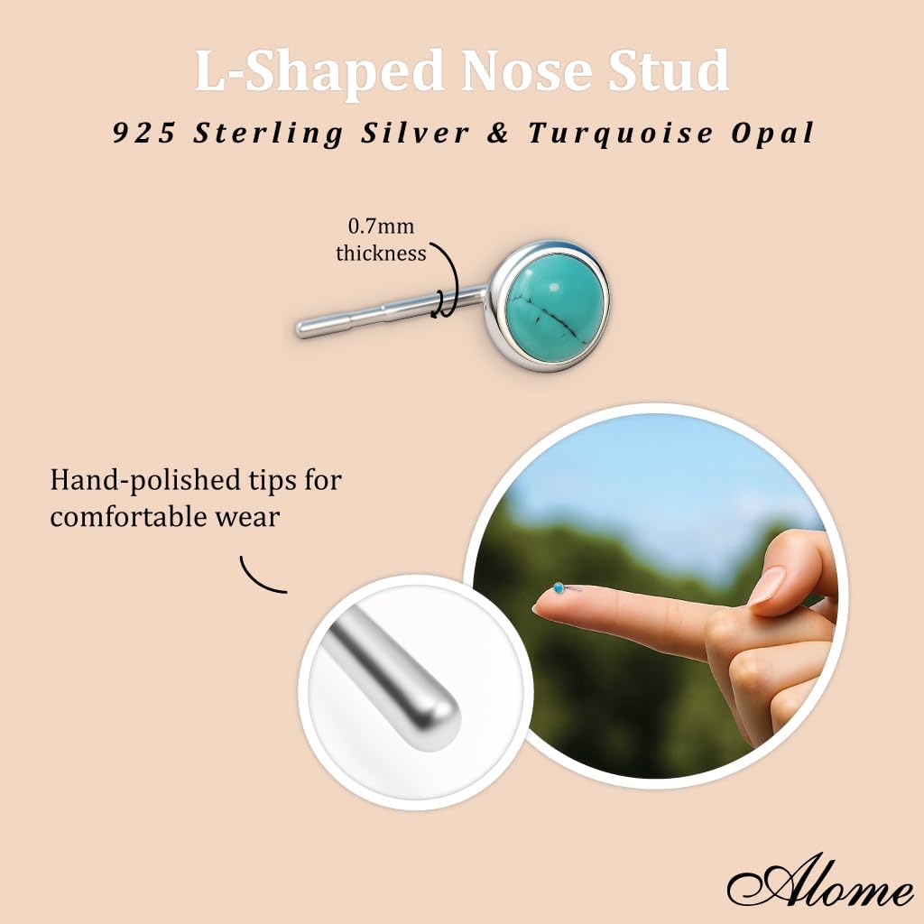 ALOME PIERCINGS Sterling Silver Nose Stud 3mm Turquoise Opal – L Shape Nose Ring Stud for Women – 925 Silver Tiny Nose Piercing Jewelry Pin – Hypoallergenic Handmade Nose Stud - Image 3