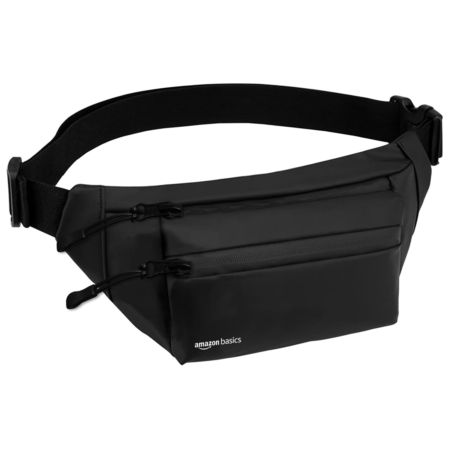 Amazon Basics Travel Waist Pack | Handy Hiking Zip Pouch | Water-Resistant | for Men & Women | Leather Finish (Black)
