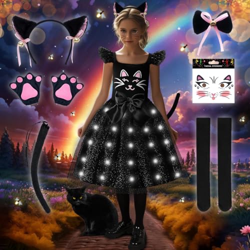 TOSZOLY LED Fantasia de gato para menina, disfarce de animal luminoso com diadema de orelhas de gato luvas e laço, disfarces de carnaval para crianças, vestido de gato para Halloween cosplay carnaval