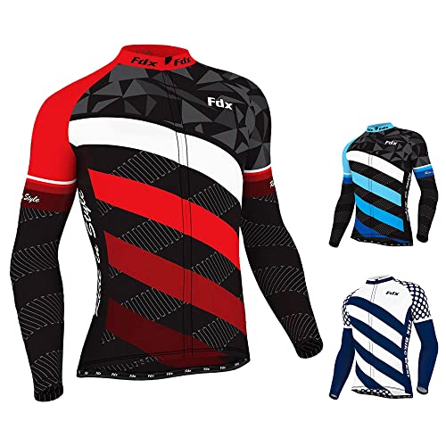 FDX Maillot de ciclismo clásico para hombre, transpirable, manga larga, cremallera completa, camiseta térmica de ciclismo con bolsillos traseros, ropa deportiva para correr, bicicleta de montaña
