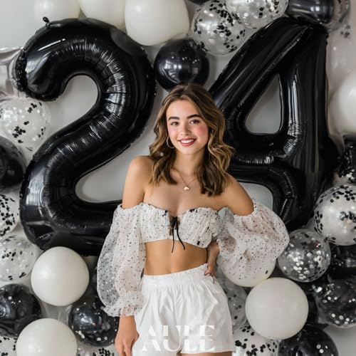 Image of AULE 40 Inch Large 24 Number Balloons Black, Big Foil Number Balloons, Giant Helium Happy 24th Birthday Party Decorations for Man and Women, Huge Mylar Anniversary Party Supplies