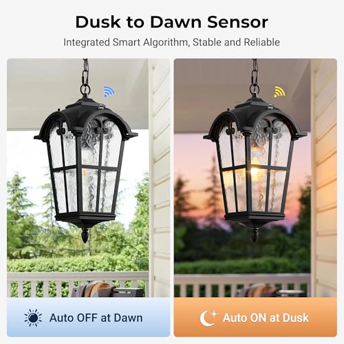 OPAXIS Large Dusk to Dawn Outdoor Pendant Light Fixture, 18.7'' Black Exterior Hanging Lanterns with Adjustable Chain, Aluminum Outdoor Ceiling Lights for House, Porch, Doorway, Vintage Style by OPAXIS - Used condition - Image 2