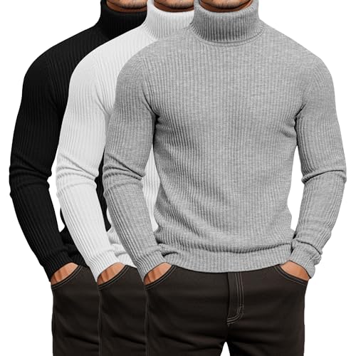 Locoowai 3 Pack Men's Ribbed Turtleneck Shirts, Long Sleeve Mock