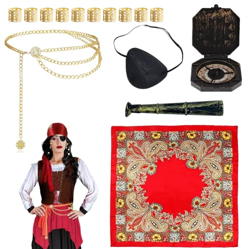 Conjunto de acessórios para disfarce pirata, acessórios de festival - acessórios de pirata para mulher, chapéu de pirata, gorro de pirata, espada de pirata, disfarce de jack parrow, emblema de pirata
