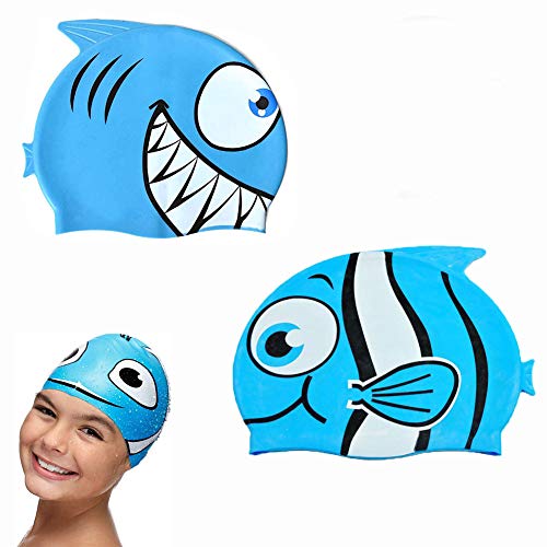 YFOX Gorro de baño Infantil,Gorro de baño con patrón de tiburón,Gorro de baño con patrón de pez de Ojos Grandes,Gorro de baño Impermeable de Silicona,Adecuado para niños y niñas.(Azul)