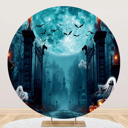 MIRRORANG Telón de fondo redondo de poliéster de 1,5 m de diámetro para Halloween, luna, murciélagos, calabaza, faroles, noche de terror, fantasmas, fondo de fotografía para Halloween, fiesta