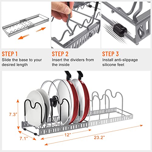 Ahnr Expandable Pot And Pan Organizers Rack, 10+ Pans And Pots Lid Organizer Rack Holder, Kitchen Cabinet Pantry Bakeware Organizer Rack Holder With 10 Adjustable Compartments (Grey) #TOP3