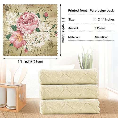 Alaza Dish Towels Kitchen Cleaning Cloths Vintage Shabby Chic Pink Rose Floral Dish Cloths Super Absorbent Kitchen Towels Lint Free Bar Tea Soft Towel Kitchen Accessories Set Of 6,11"X11" #TOP2
