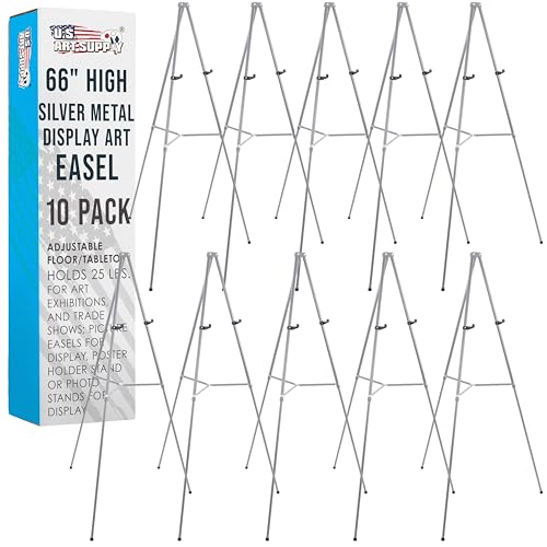 U.S. Art Supply 66' High Gallery Silver Metal Display Easel (10 Pack) - Large Adjustable Height...