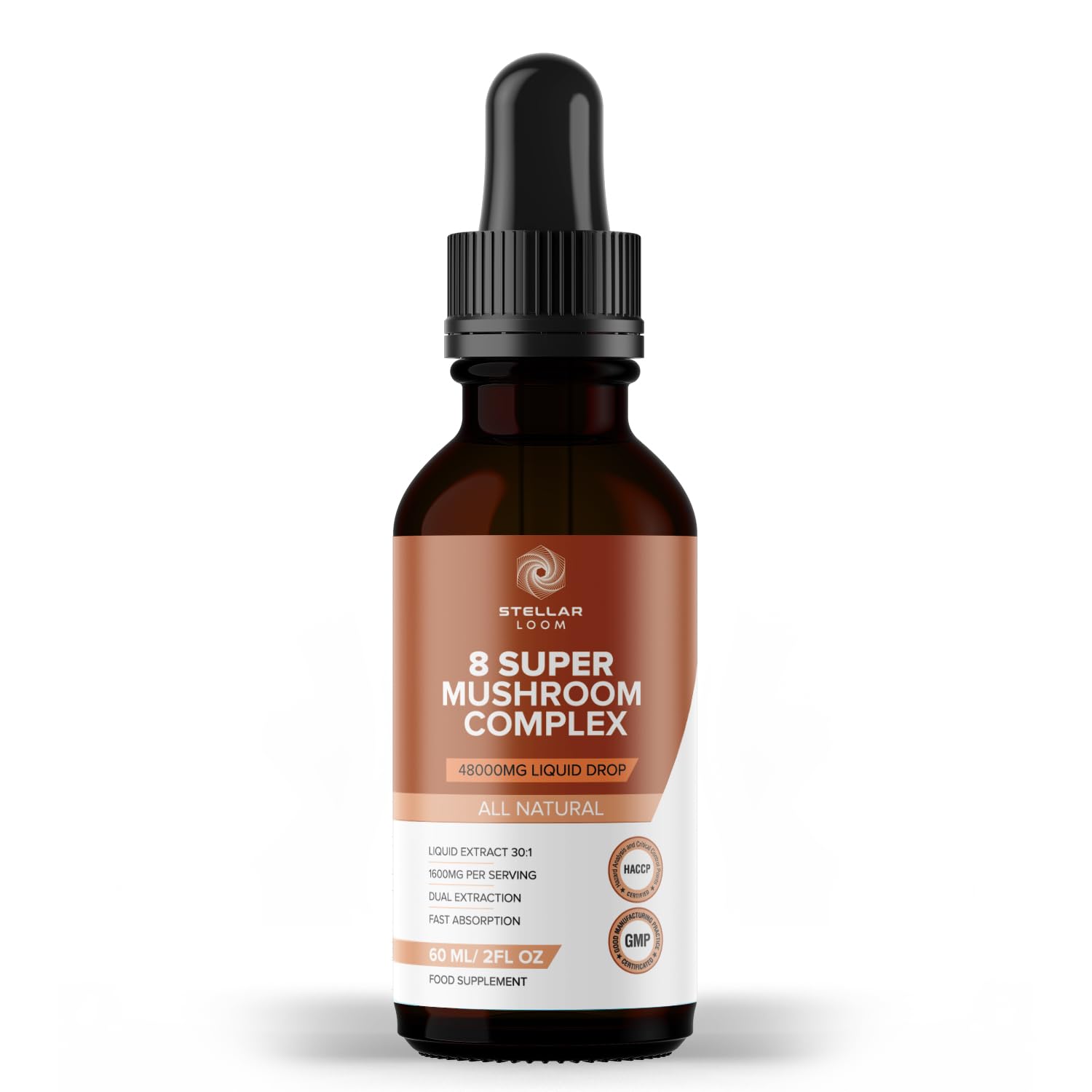 Organic 8 Super Mushroom Liquid Drops (60ml) - 48,000mg | Lion's Mane, Chaga, Cordyceps, Reishi, Shiitake, Maitake, Turkey Tail & Agaricus Blazei | Vegan & Gluten-Free | Maximum Potency