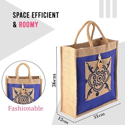 Image of Kuber Industries 3 Pcs Jute Medium Shopping Bag for Women with Handle | Reusable Carry /Shopping Bag for Grocery | Flower Design - Brown & Blue