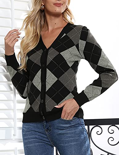 Women's Vintage 90S Cardigan Sweater Argyle Style Y2K Sweaters Short Cardigan For Women Lightweight(Plaid Black Gray,M) #TOP4