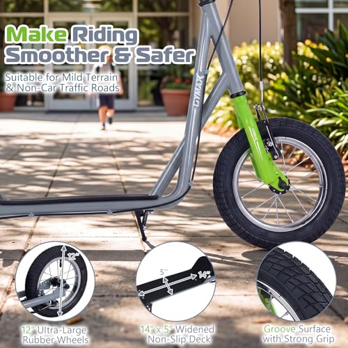 Image of GYMAX Scooter, Kids & Adults Off-Road Scooter with 12 inch Inflatable Wheels, Adjustable Height Handlebar, V-Type Handbrakes & Axle Pegs for All Terrain, 8+
