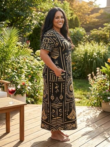 Image of Plus Size Maxi Dress for Women Short Sleeve V Neck Casual Loose Sundress with Pockets
