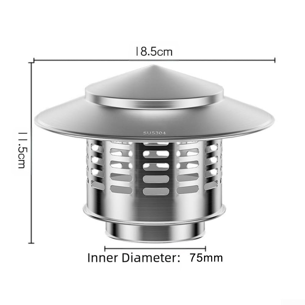 Resistente Acero Inoxidable sombrerete de Chimenea 304 Grade para Techo Ventilación con Seguridad Rolled Edges y Lluvia Guard (75)