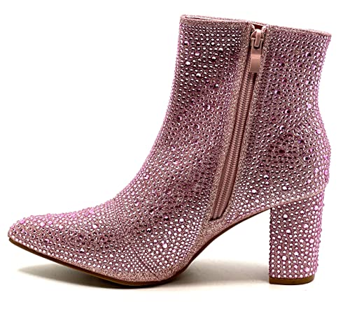 Women Rhinestone Block Chunky Heel Ankle Bootie Iceberg 12 By Forever shoes Pink Size 8.52