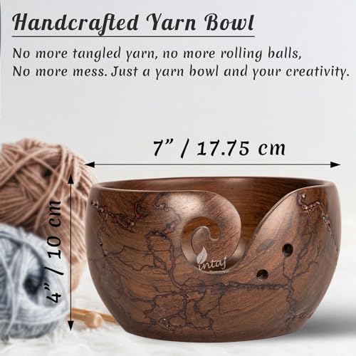 Image of INTAJ Wooden Yarn Bowl for Knitting and Crochet, 7 Inch No-Snag Holder