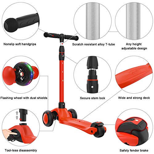 Image of Allek Kick Scooter B03, Lean 'N Glide 3-Wheeled Push Scooter with Extra Wide PU Light-Up Wheels, Any Height Adjustable Handlebar and Strong Thick Deck for Children from 3-12yrs (Red)