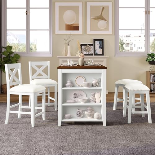 LZ LEISURE ZONE 5 Pieces Dining Table Sets, Counter Height Rustic Farmhouse Dining Room Table Set with Storage Shelf, Dining Room Furniture, White