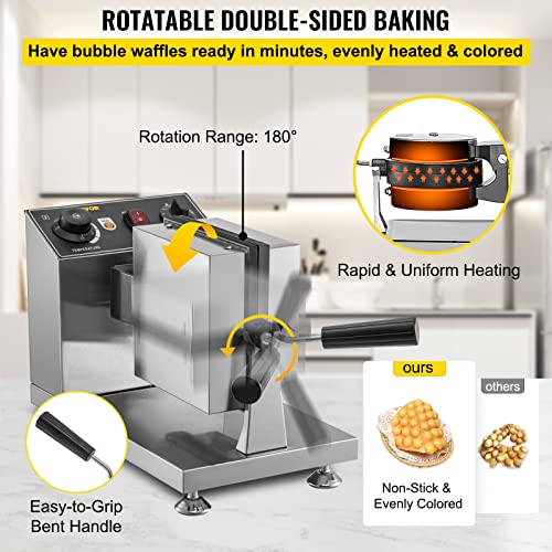Vevor Commercial Bubble Waffle Maker, 8" Square Mould, 1200W Egg Bubble Puff Iron W/ 360°Rotatable 2 Pans & Bent Handles, Stainless Steel Baker W/Non-Stick Teflon Coating, 50-300℃/122-572℉ Adjustable #TOP2