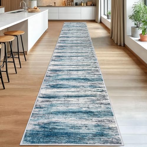 KOZYFLY Modern Abstract Hallway Runner Rug, 2.6x18 Washable Rug Runner Non-Slip Soft Striped Kitchen Runner Rugs, Print Distressed Blue Carpet Runner for Entryway Bathroom Laundry Room Foyer