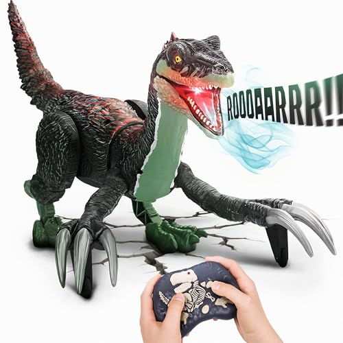 Remote Control Dinosaur Toy for Kids - RC Dinosaur - Walking Velociraptor Toy with Mist Spray, Lights & Roar - Birthday Gift Ideas for Boys and Girls...
