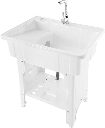 Miniatura 4 de Fregadero de plástico blanco independiente con tabla de lavadero, fregadero para interiores y exteriores con grifo de agua fría y caliente de acero