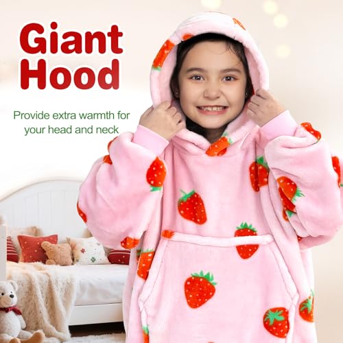Image of Waitu Wearable Blanket for Kids, Wearable Blanket Hoodie Gifts for Teens Girls and Boys, Warm Blanket Sweatshirt for Teenage, Hoodie Blanket with Sleeves - Strawberry Pink