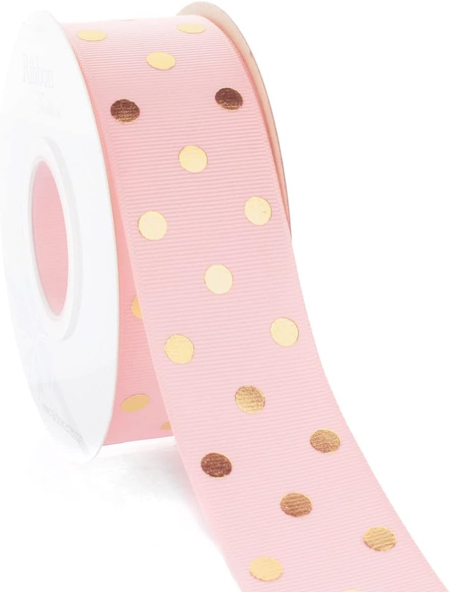 1.5" Pink Blush/Gold Foil Dots Grosgrain Ribbon 100 Yards