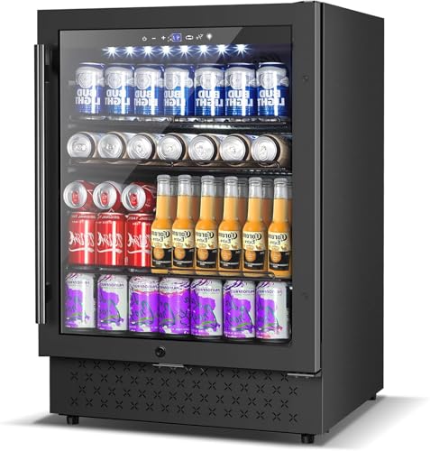 Image of 24 Inch Beverage Refrigerator - 200 Cans, 5.2 Cu.Ft, Glass Door Lock, Activated Carbon Odor Control, Low Noise 40dB, Reversible Door - Built-in or Freestanding for Home Bar