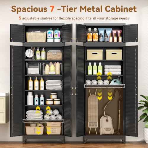 Image of Polup 90 inch Tall Metal Kitchen Pantry Storage Cabinet with Doors and Shelves | Black Heavy Duty Steel Cabinet,Golden Handle,5 Adjustable Shelves,Louvered Doors,Anti-tipping,2 packages,garage,Dining room