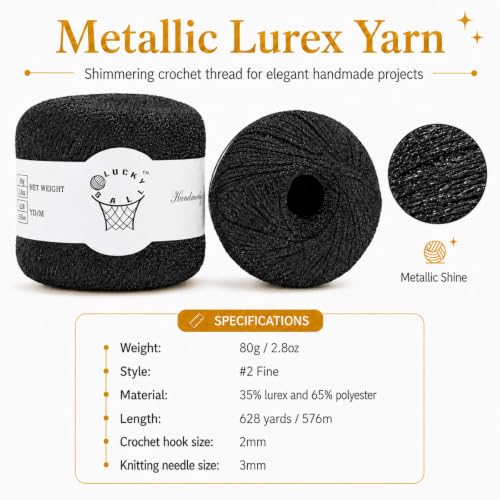 Image of 2PCS Metallic Crochet Thread,Yarn for Crocheting,Metallic Thread Round Band Yarn,Lurex Yarn with Metallic Shine, Sparkle Metallic Yarn for Clothes, Car Charm, Keychain Charm 80g Black