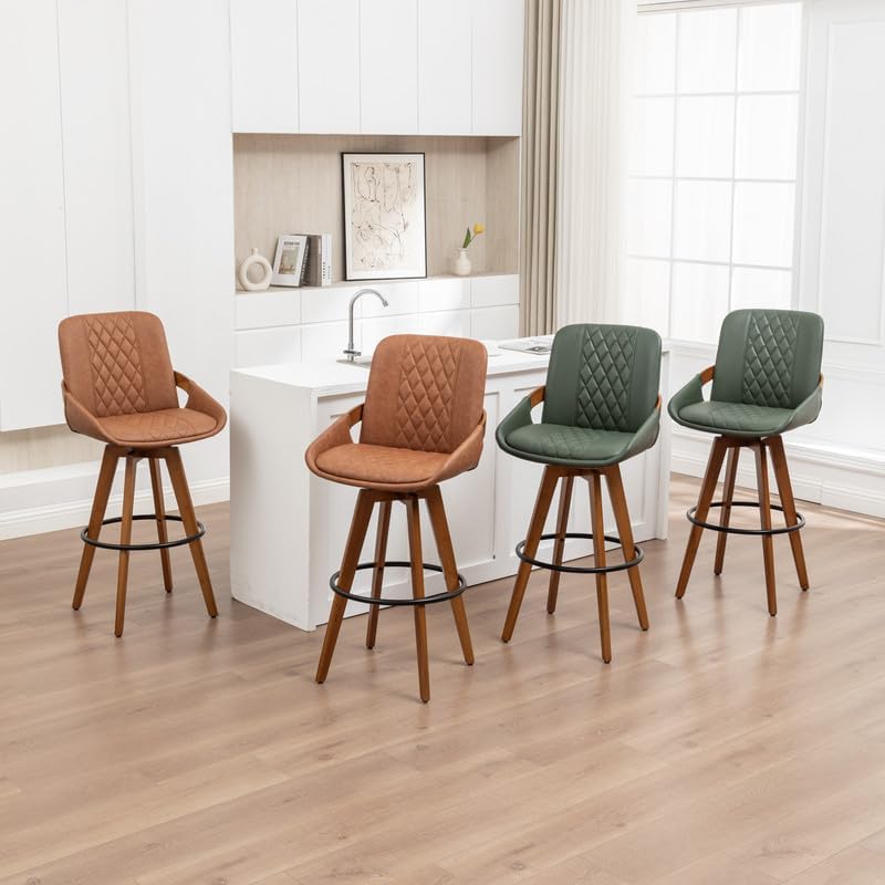 Miniatura 5 de Juego de 2 taburetes de altura de mostrador de 26 pulgadas, taburete giratorio tapizado moderno de mediados de siglo con respaldo curvado y brazos