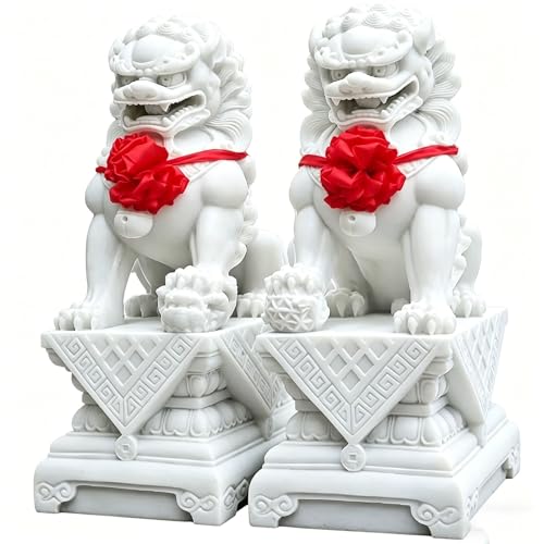 Pareja de Estatuas de Perros Foo de Mármol Blanco Feng Shui