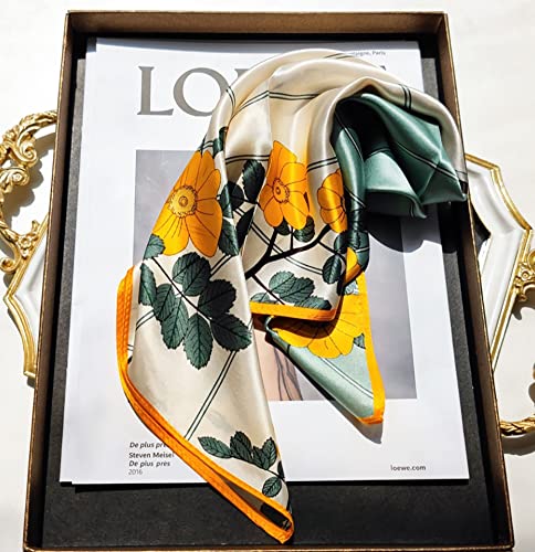 JERLA Women's Men's Small Square Real Mulberry Silk Scarfs Hair scarf head neck face scarf 21" x 21" (Green and yellow flower)3