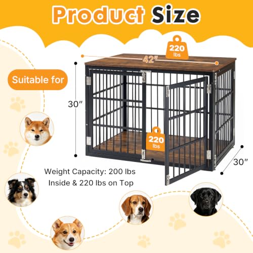 Image of NEWBULIG 42 Inch Dog Crate Furniture for Large Dogs, Space Saving Pet House End Table with Double Lock Door, Heavy Duty Indoor Kennel for Living Room, Black & Rustic Wood