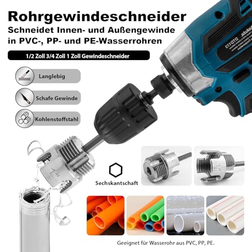 Treki 3 Stück Rohrgewindeschneider 1/2 Zoll 3/4 Zoll 1 Zoll Wasserrohr Gewindeschneider, Rohrgewindebohrer Gewindeöffner Innengewindeschneider Außengewindeschneider für PVC PP PE Rohre