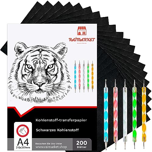 Raimarket 200 Blätter Schwarzes Kohlepapier Transferpapier | Zeichnen von Entwürfen mit pauspapier | Premium-Qualität Graphitpapier