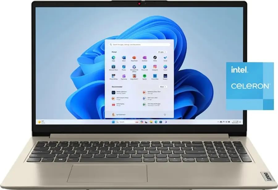 Image of Lenovo Ideapad 1 Laptop, 15.6 inch HD (1366x768) Anti-Glare, Intel Celeron N4500, 4GB PRAM 640GB Storage(128GB eMMC+512GB Card),WiFi6, Bluetooth, Window11, Sand, w /2TB Flash Drive, W /GaLiMu