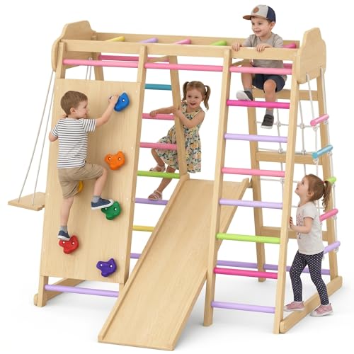 9-in-1 Indoor Playground for Toddlers Montessori Wooden Jungle Gym Kids Climbing Indoor with Slide Swing Monkey Bars Rock Wall Rope Ladder & Net Activity Playset for Boys Girls