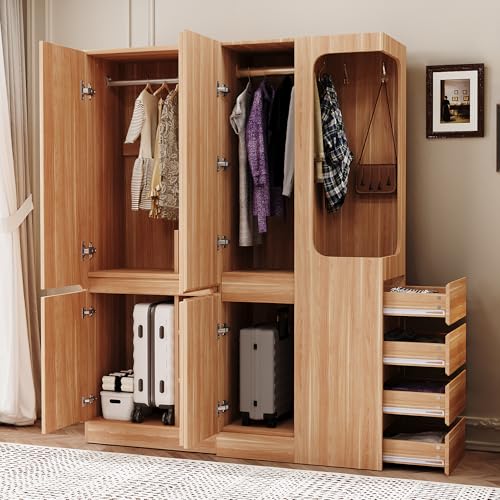Armario Grande De Madera Con Cajones Y Compartimentos, Armario Con Zona Abierta Para Colgar, Mueble De Almacenaje Para Dormitorio Y Vestidor, Natural Wood, 140 x 40 x 170 cm