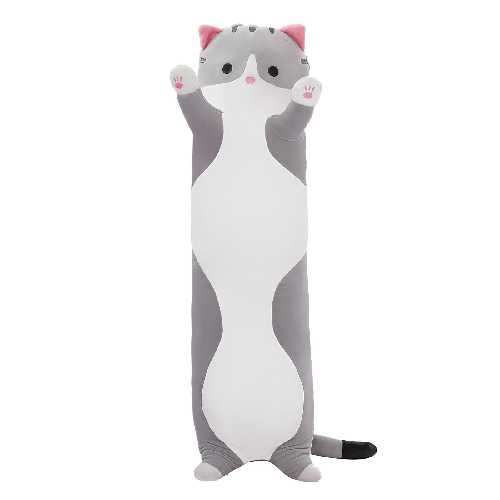 Cute Cat Plush Long Body Pillow – Soft Cartoon Stuffed Animal Doll, Kawaii Cat Plushie Cuddle Toy for Kids, Girls & Girlfriend (Gray, 27.5 Inch)