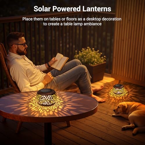 Solar Lanterns Outdoor Waterproof, 4 Pack Flower Petal Solar Garden Lights with 2 Lighting Colors, Vintage Metal Outdoor Patio Garden Decor - Unique Gifts for Women Mom Sisters Birthday